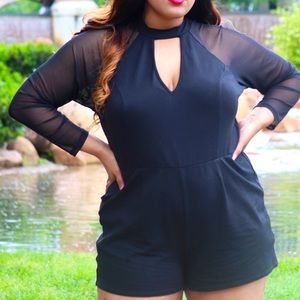 2X Black Sheer Sleeve Short Jumpsuit